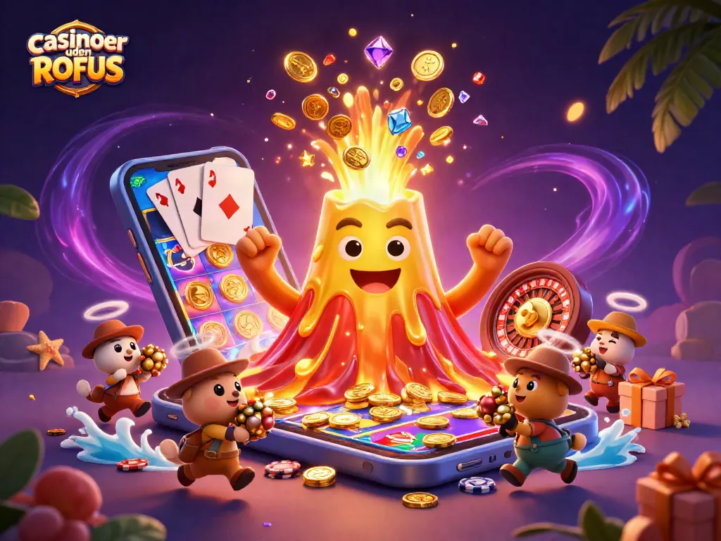 Win with casinoer uden ROFUS featuring a golden volcano erupting coins and treasure.