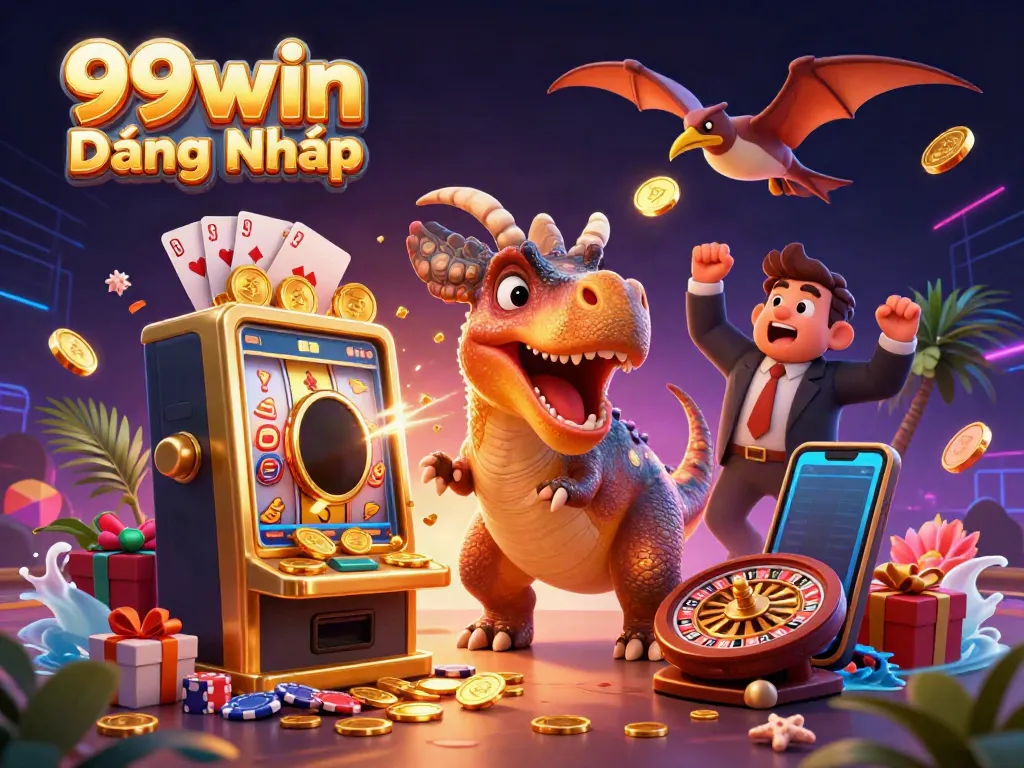 Engaging 99win Đăng Nhập scene with a pachycephalosaurus and a golden slot machine, capturing casino excitement.