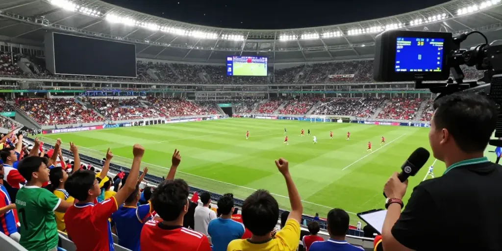 Exciting bóng đá cakhiatv live match scene with fans and commentators.