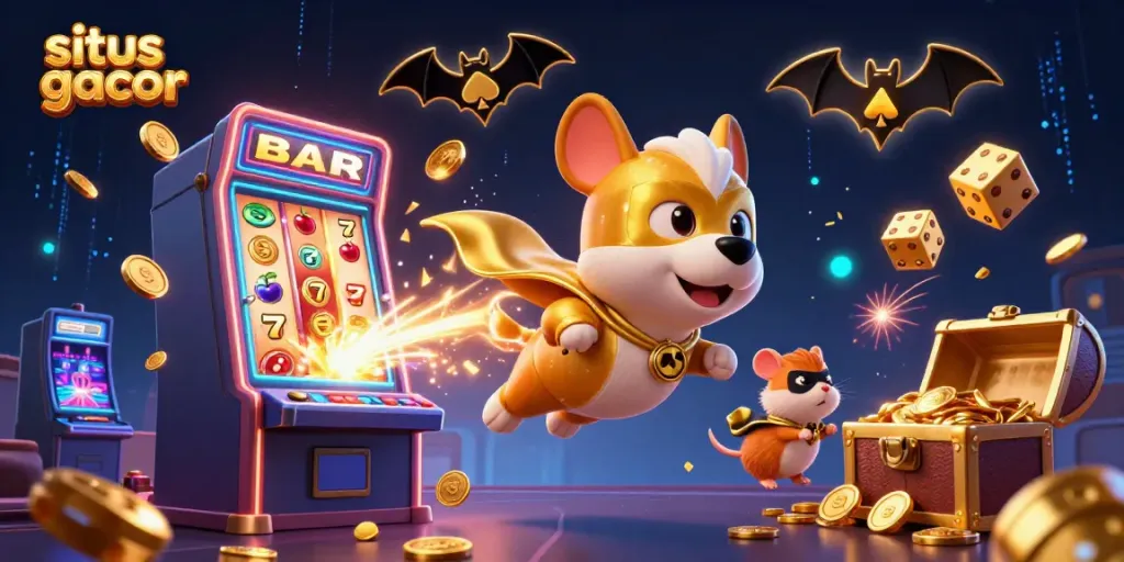 Experience the excitement of situs gacor with a superhero dog and sidekick in a vibrant casino scene.