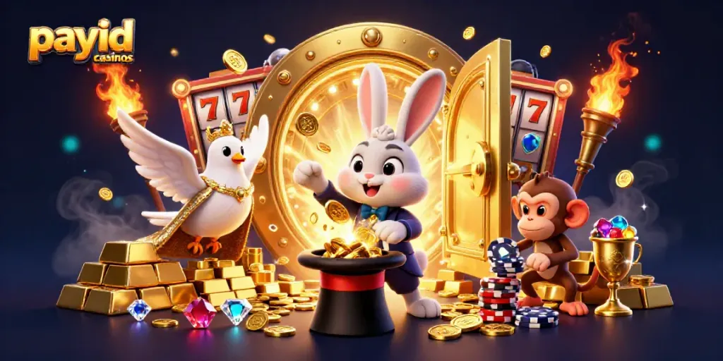Experience the thrill of payid casinos with a dynamic 3D illustration of a magician rabbit, dove, and monkey amidst vibrant casino elements.