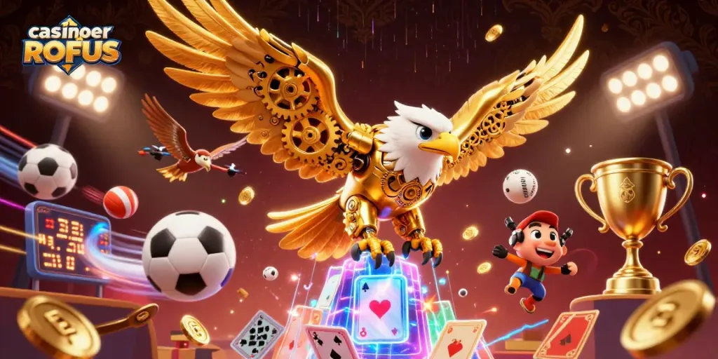 Experience thrilling gameplay at casinoer uden ROFUS, featuring a dazzling scene of sports and holographic excitement.