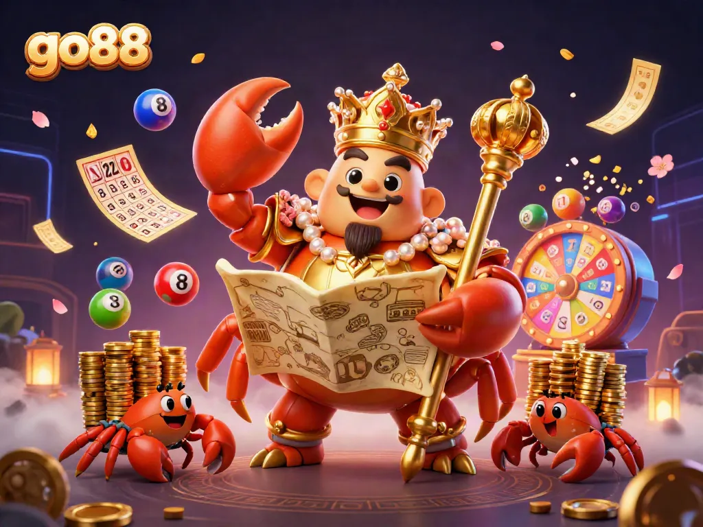 Engage with the lively go88 casino scene featuring a golden crab emperor, lottery elements, and treasures.