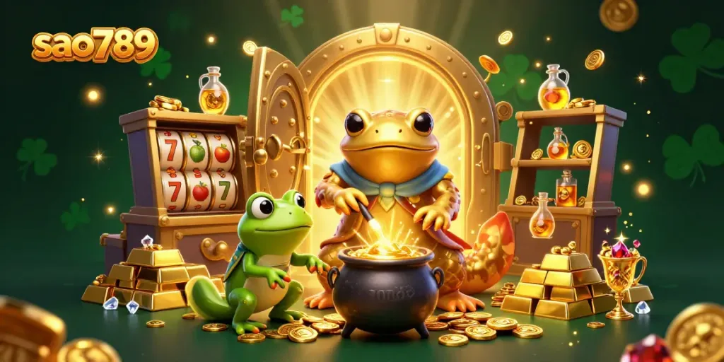 Sparkling sao789 casino scene featuring golden characters and slot gameplay elements for an exciting experience.