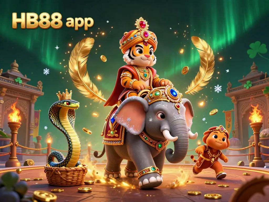 Engage with the HB88 app in a vibrant casino scene featuring a jeweled elephant and fantastical elements.