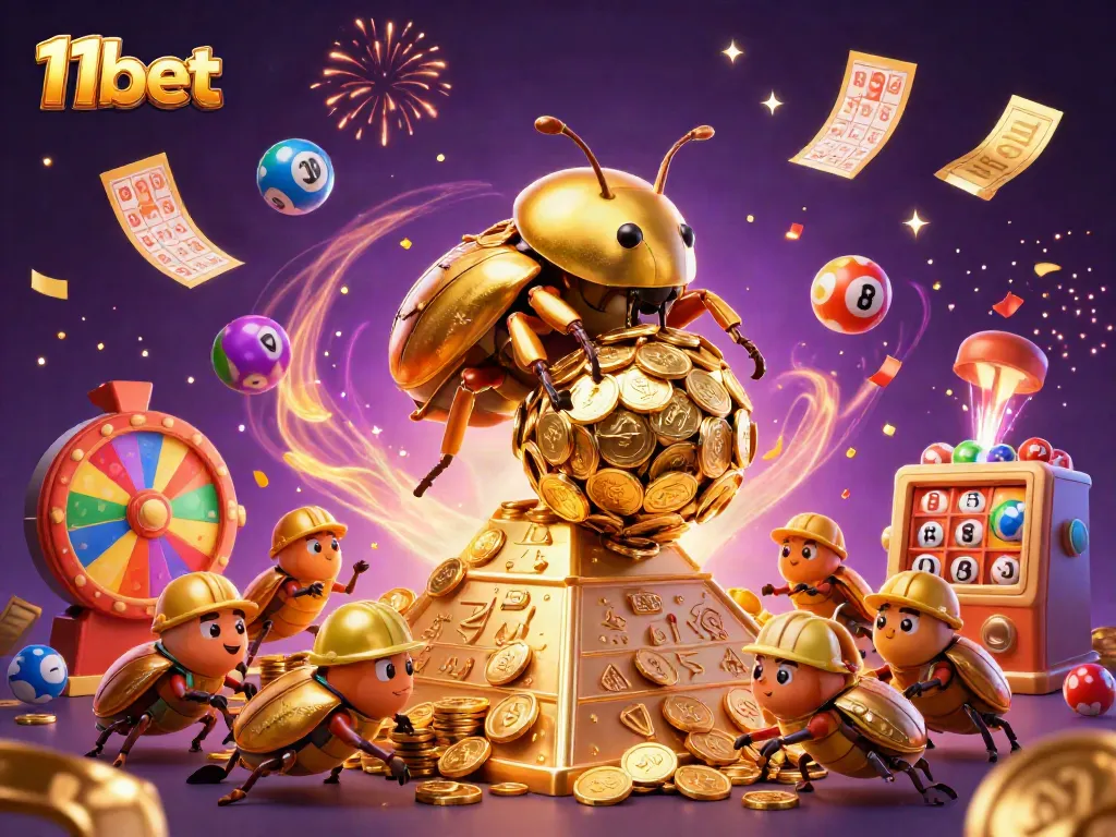 Experience thrilling 11bet fun as golden beetles roll jackpot coins amidst dynamic gaming action.