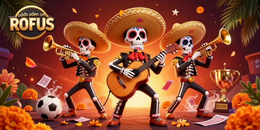 Explore odds uden om ROFUS with a vibrant sports betting scene featuring a Día de los Muertos mariachi band.