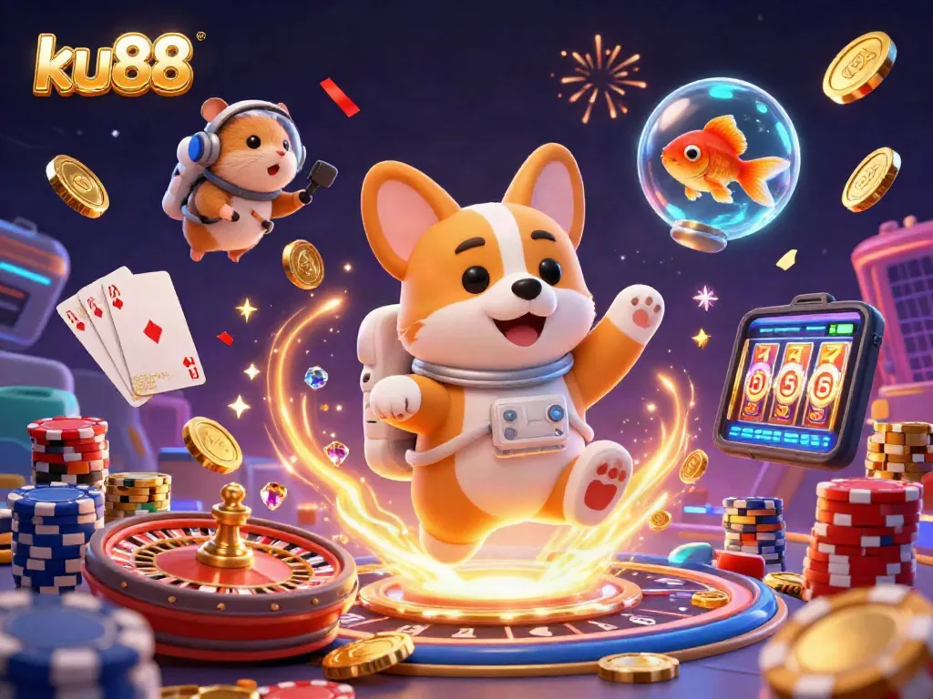 ku88 invites players to engage in this vibrant casino scene featuring colorful chips and cards.