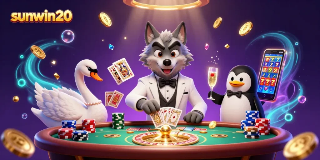 Experience the excitement of sunwin20 with a luxurious 3D casino scene featuring elegant characters and rich gaming elements.