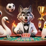 Experience fast-paced excitement with 28win as the wolf, swan, and penguin entertain at a vibrant casino.