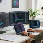 Dynamic coding scene representing the WPS Official Website in a modern workspace focused on software development.