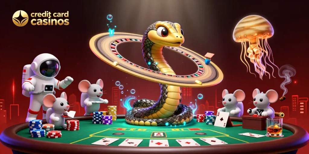Engage in thrilling credit card casinos action with astronaut mice betting on a cosmic roulette wheel