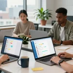 Dynamic workspace showcasing diverse individuals using the Telegram Web Version for collaboration