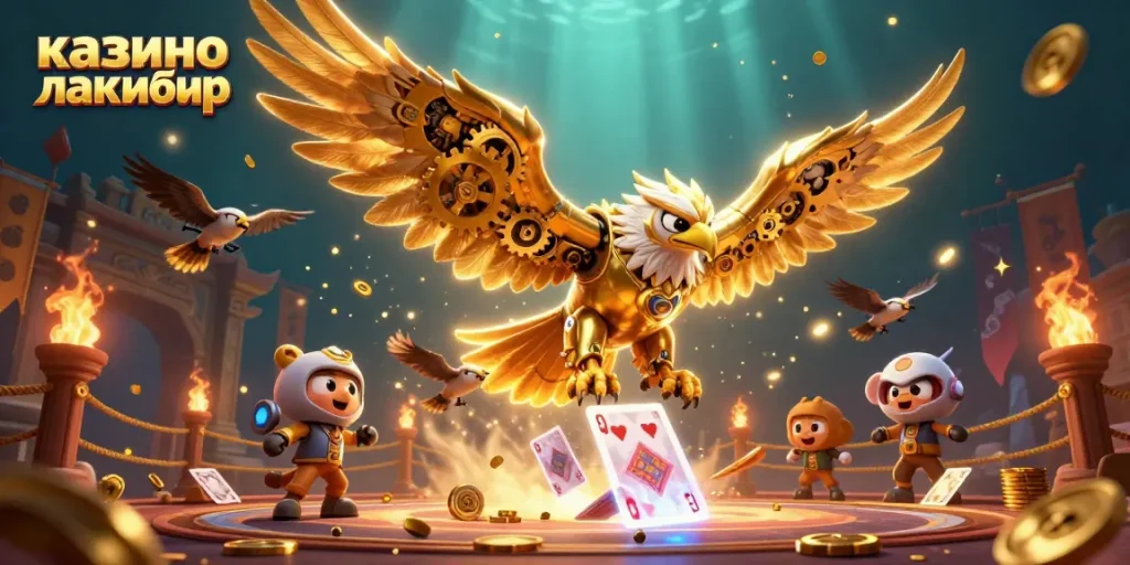 Experience the excitement of казино лакибир with a vibrant 3D scene featuring a majestic golden eagle amidst dynamic gambling elements.