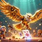 Experience the excitement of казино лакибир with a vibrant 3D scene featuring a majestic golden eagle amidst dynamic gambling elements.