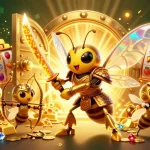 Engage in thrilling slots at казино лакибир with a vibrant 3D illustration of a golden hornet and treasure.