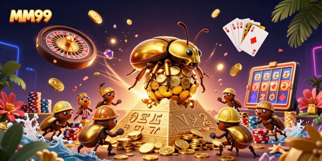 MM99 showcases winning gameplay with a golden beetle rolling coins in a vibrant casino scene.