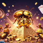 MM99 showcases winning gameplay with a golden beetle rolling coins in a vibrant casino scene.