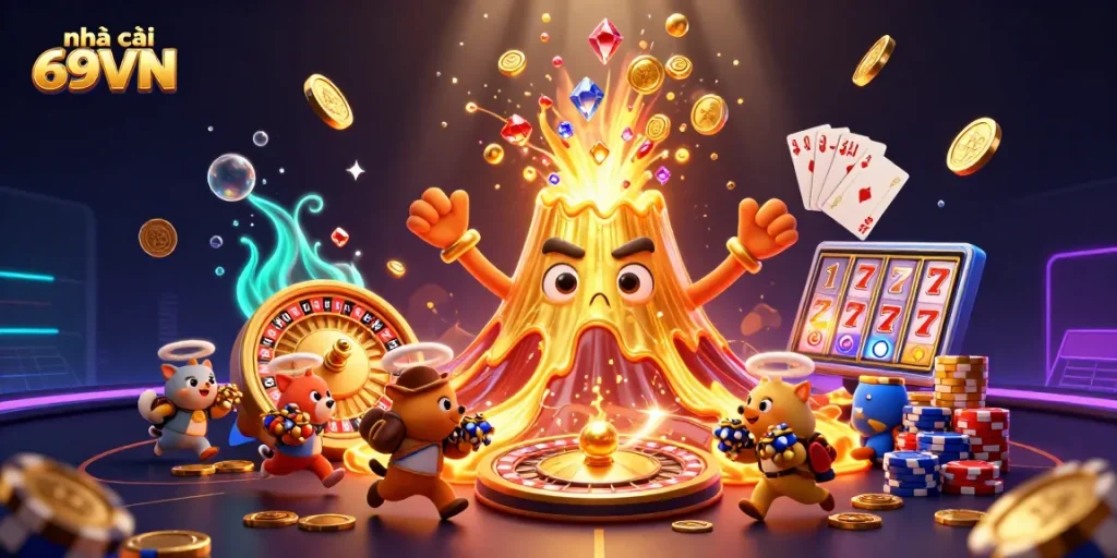 Engage with nhà cái 69VN for thrilling gameplay featuring a vibrant 3D illustration of treasures and casino elements.