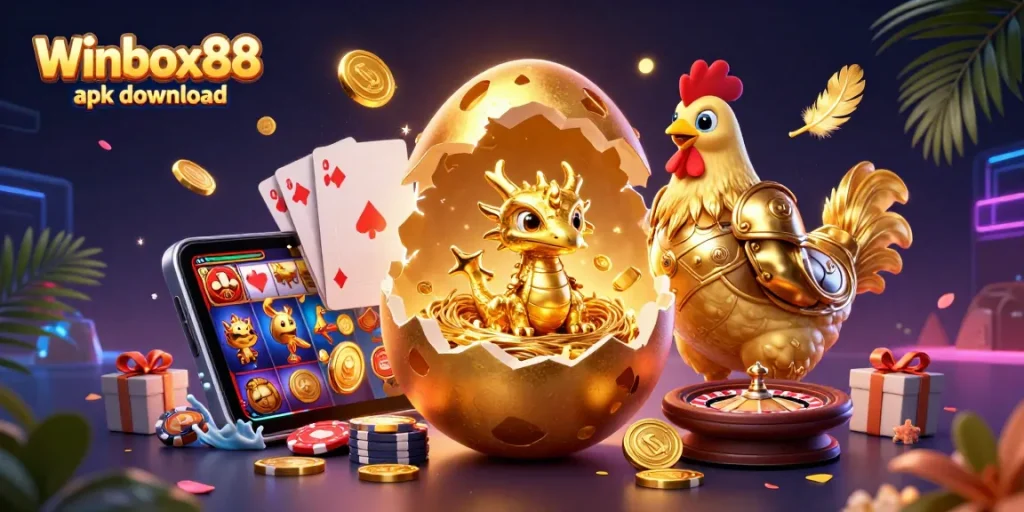 Winbox88 apk download featuring a colossal golden egg and crystal dragon in a thrilling casino scene