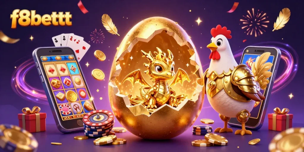 Experience thrilling wins with F8BET's vibrant gameplay featuring a golden dragon and dynamic casino elements.