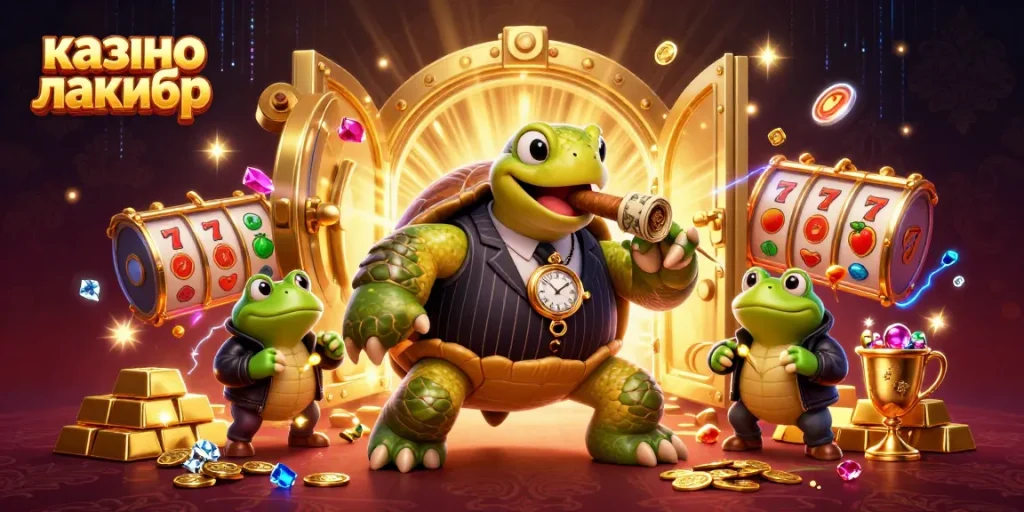 Experience excitement at казино лакибир with a dynamic gambling scene featuring colorful slot symbols.
