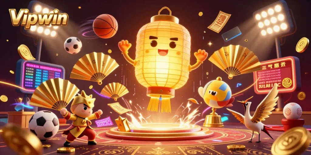 Experience thrilling moments with Vipwin in this vibrant 3D casino illustration showcasing dynamic sports betting.