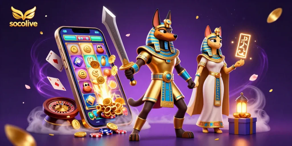 Socolive enhances the gaming experience with colorful slot actions, featuring an Egyptian theme.