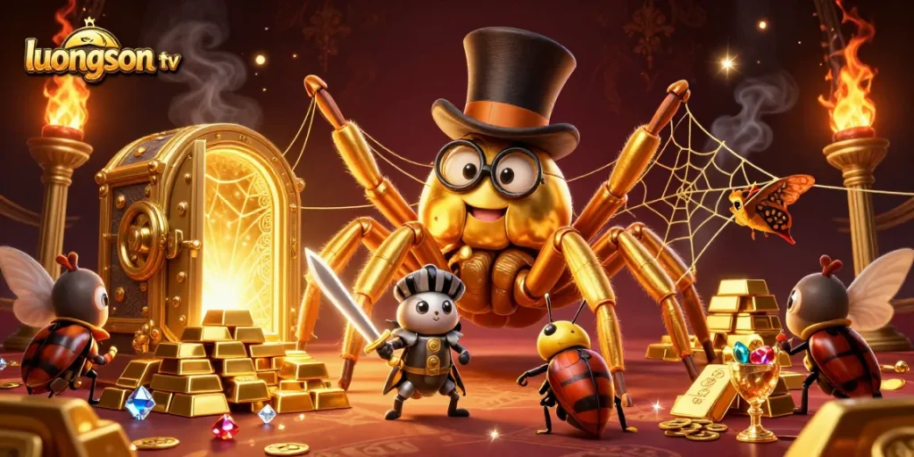 Engage with thrilling moments on luongson tv as a golden tarantula weaves excitement in a vibrant casino setting.
