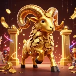Engage with the dynamic casino world at казино лакибир featuring a powerful golden ram charging through a vibrant scene.