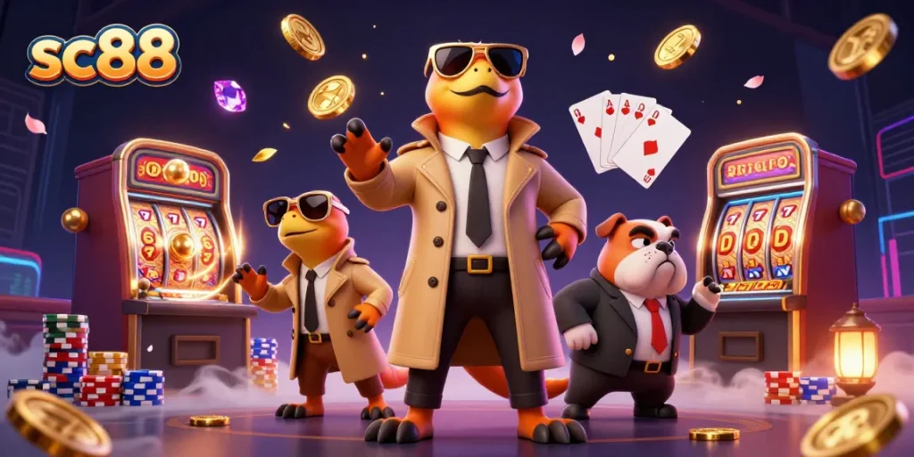 Spin the reels for riches at sc88, featuring vibrant characters and casino elements.